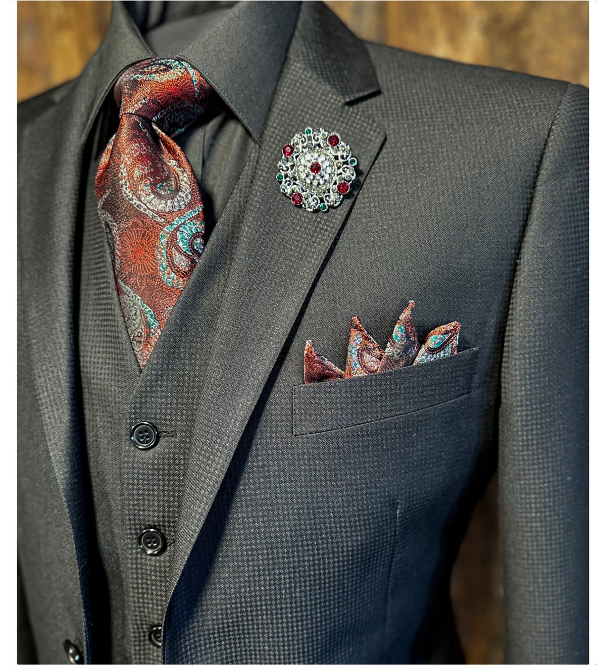 Black Diamond Print Vested Suit