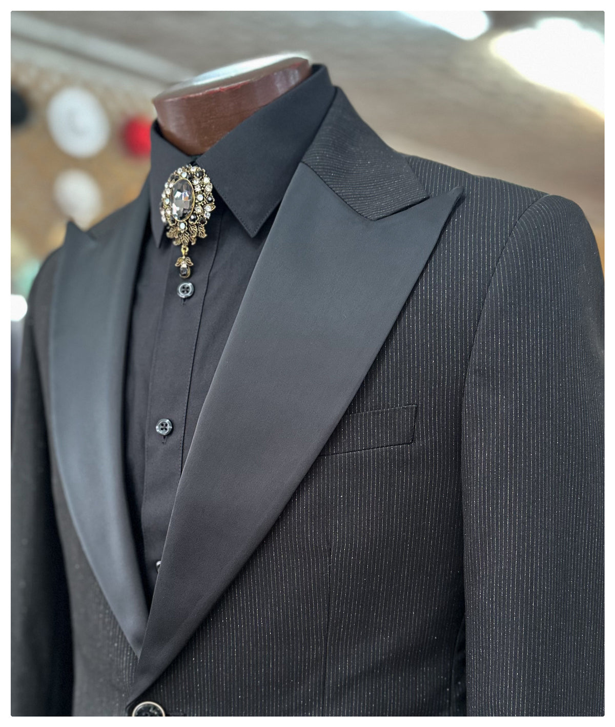 Flared Leg Tuxedo - Black/ Gold Pinstripe