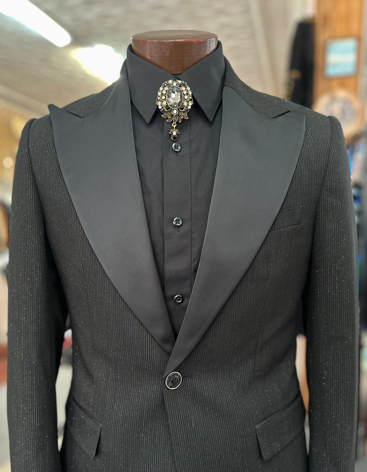 Flared Leg Tuxedo - Black/ Gold Pinstripe