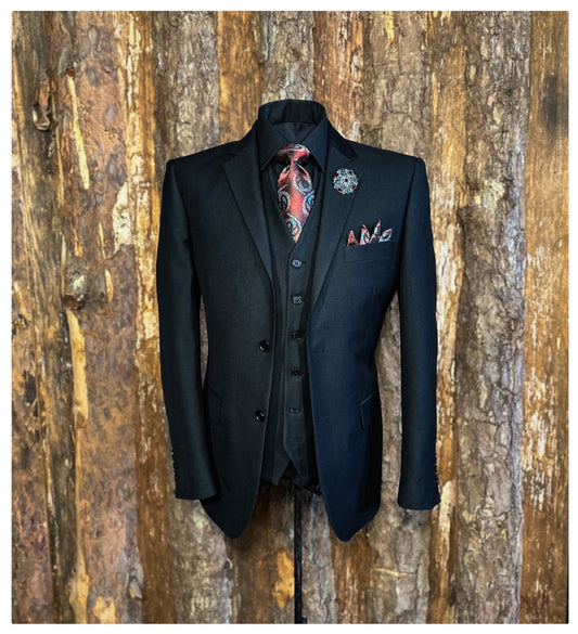 Black Diamond Print Vested Suit