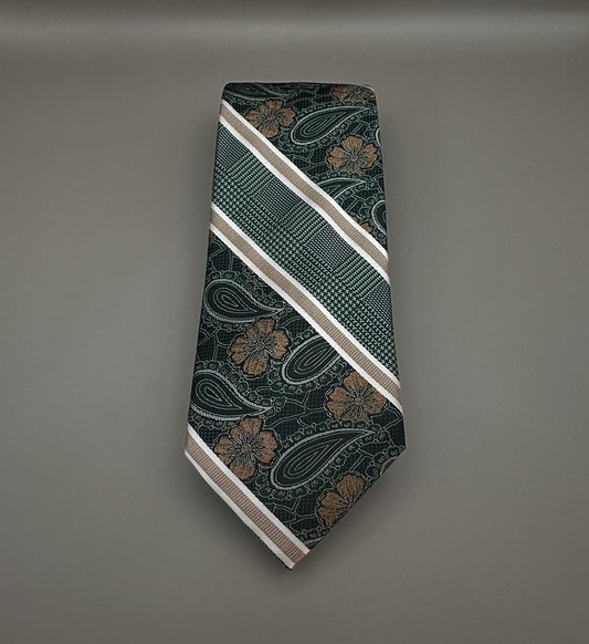 A patterned necktie with diagonal stripes and paisley motifs in dark green, beige, and brown.